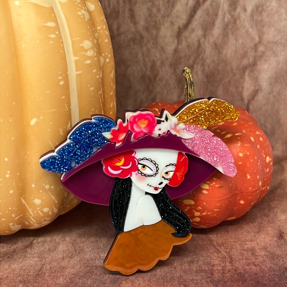 💀🥀 gorgeous Dia de Los Muertos sugar skull layered acrylic pin brooch unique